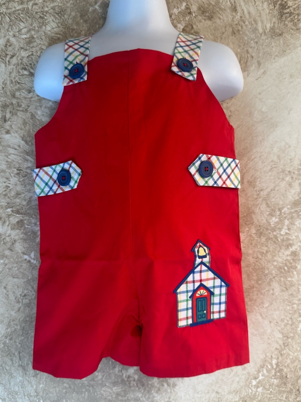 The Beaufort Bonnet Company Red Plaid Applique Boys One-Piece